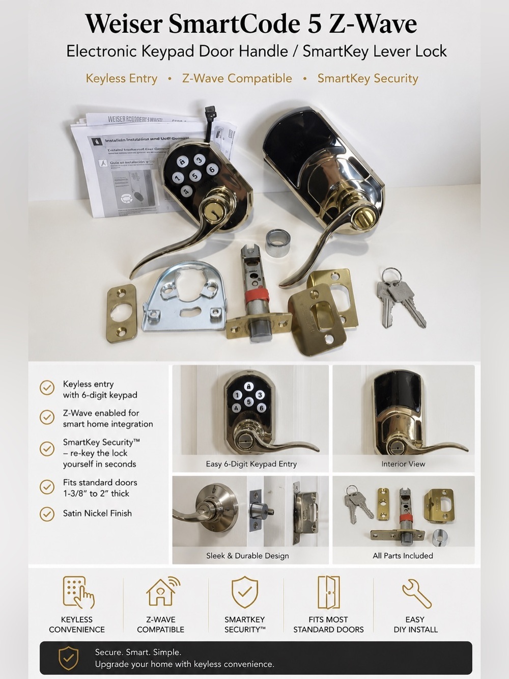 Weiser SmartCode 5 Z-Wave Electronic Keypad Door Handle / SmartKey Lever Lock